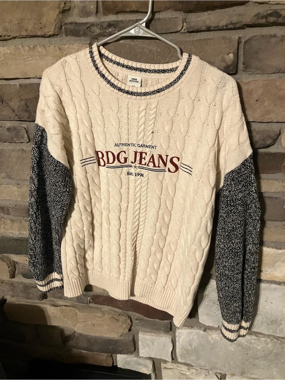 Urban outfitters Cream Cable-Knit Sweater with Navy Marled Sleeves